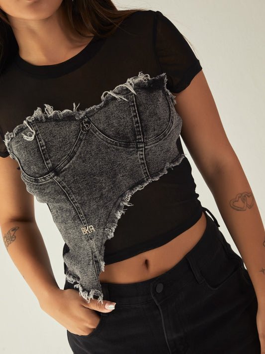 Basica cropped top denim negro