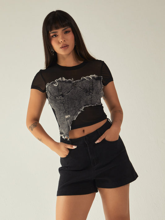 Basica cropped top denim negro